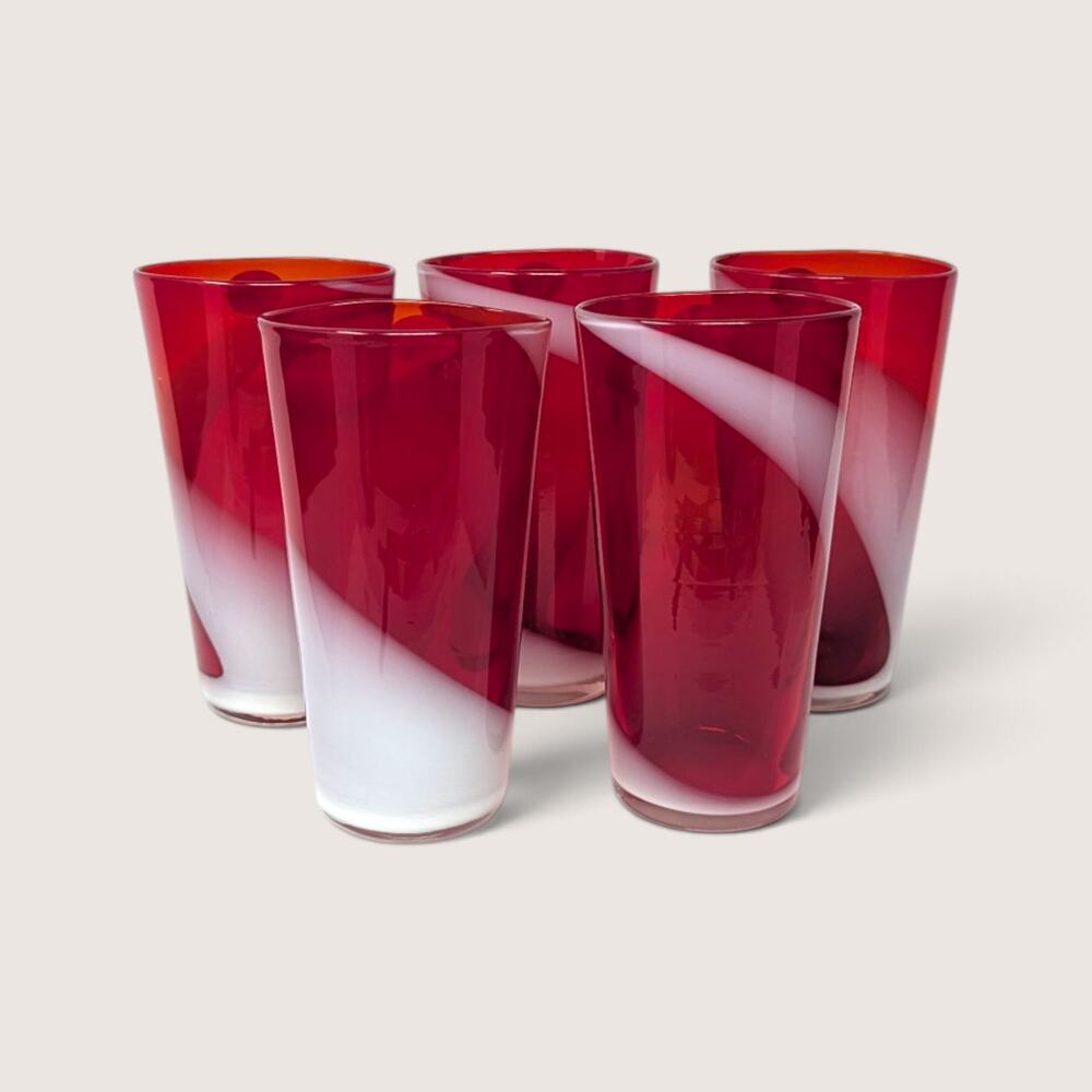 Vintage FTG Japan Red White Art Glass Tumbler Set